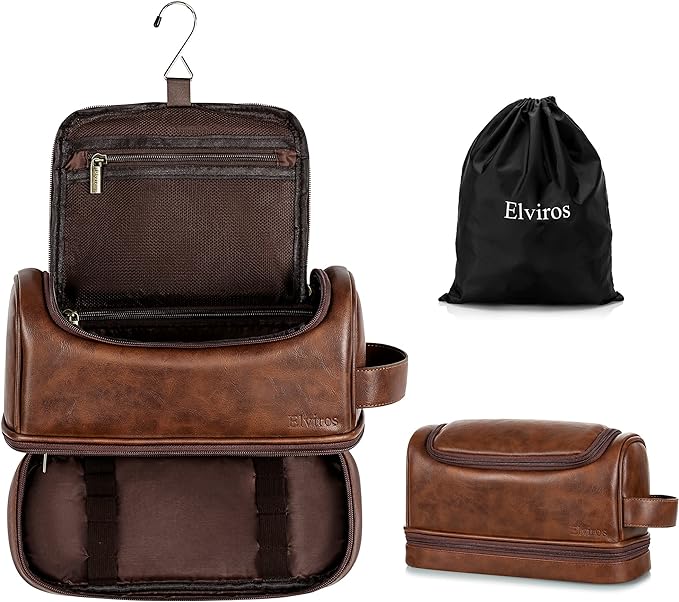Elviros Toiletry Bag for Mens PU Leather Travel Organizer Kit with Hanging hook, Large Water-resistant Toiletries Bathroom Shaving Bags (Extra Large, Dark Brown)
