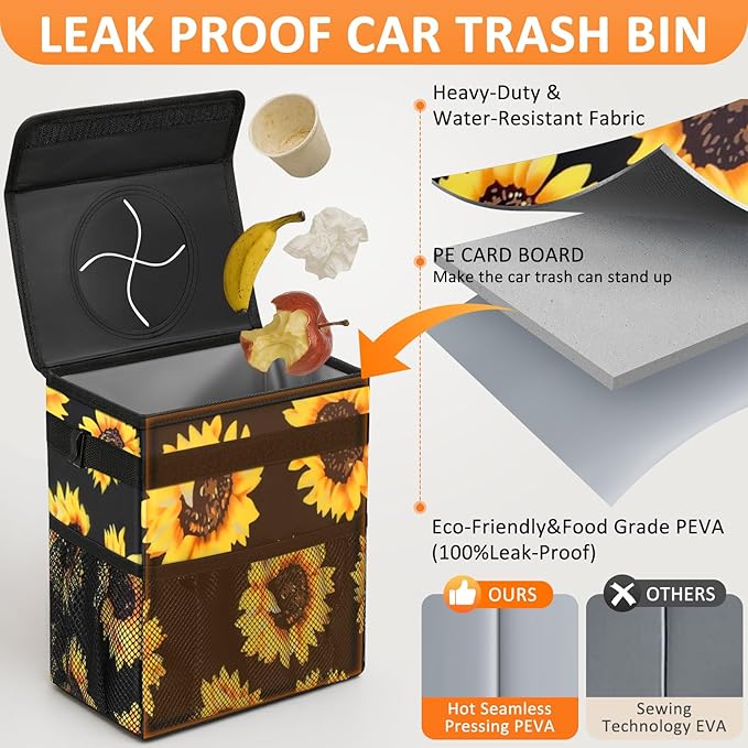 Vankor 3 Gallons Car Trash Can with Lid, Car Bag Bin Hanging Waterproof Automotive Garbage Cans Leak Proof Vehicle Trash Can Sunflower