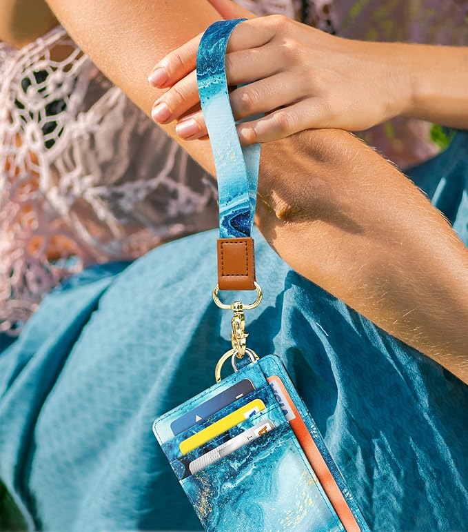 Coco Rossi Slim Front Pocket Wallet RFID ID Card Holder Cute Small Wallet with Wrist Lanyards Key Chain Holder for Women,Flowing Blue