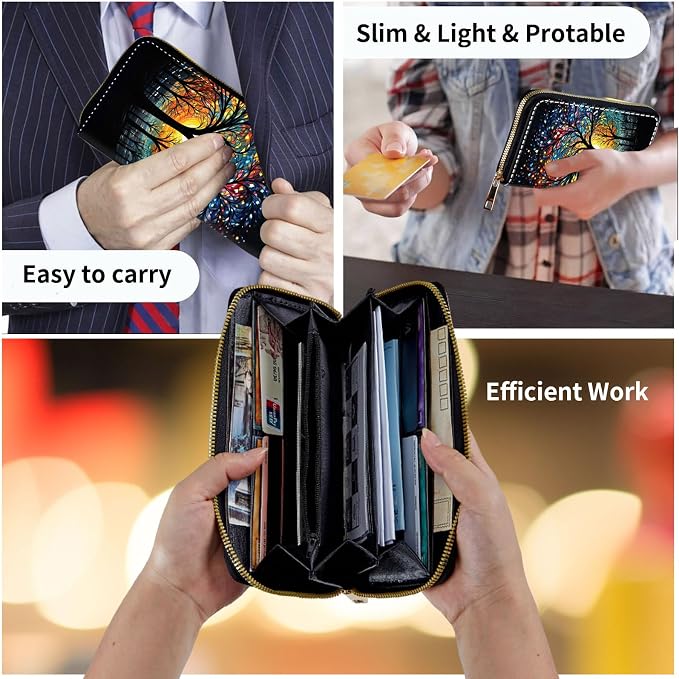 Wallet,Leather Long Wallet Suitable For Ladies And Teenagers - Detachable Wristband + RFID Travel Wallet With Card Slot - Colorful Trees