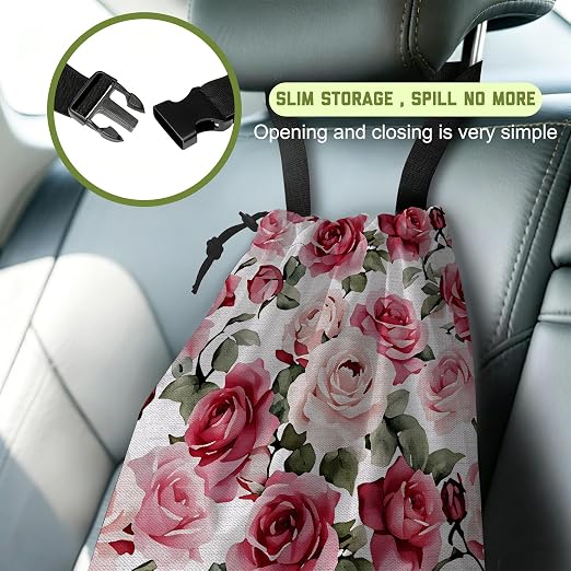 Car Trash Bag Watercolor Pink Roses Hanging Drawstring Car Organizer and Storage Bag with Adjustable Buckle Canvas Garbage Bin for Back Seat or Hanging Headrest Car Decor Road Trip Essentials