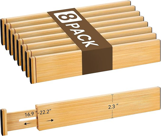 Bamboo Drawer Divider Set of 8, Adjustable Spring-Loaded Drawer Organizer (16.9"-22.2"), 2.3" Height, Suitable for Kitchen, Desk, Bathroom, Clothing, and Miscellaneous Drawer Organization, Natural