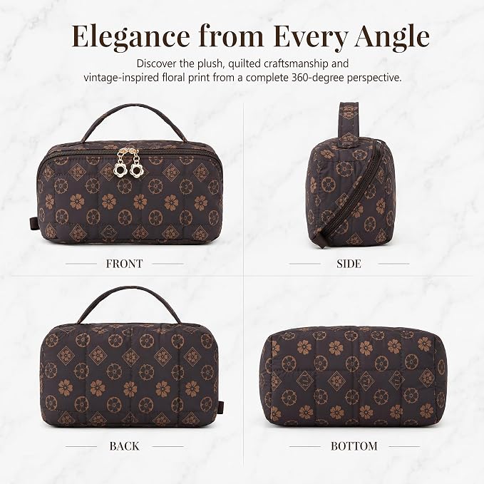 YTL Travel Makeup Bag, Puffer Cosmetic Bag for Women, Waterproof Puffy Padded Make Up Bags, Flat Open Portable Organizer Case Toiletry Bag Pouch Purse for Skincare, Brushes & Travel Essentials