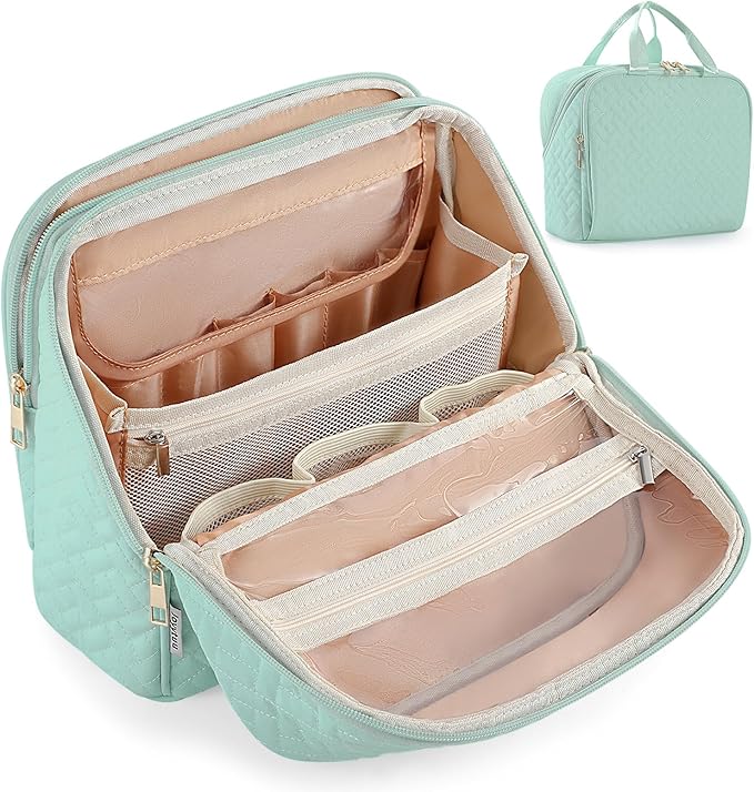 Standing Makeup Bag, Large Capacity with Room for Brushes and Mirror, Travel Makeup Organizer, Portable Stand Up Make Up Case, Waterproof Cosmetic Toiletry Bags with Handle, Color Sage Green