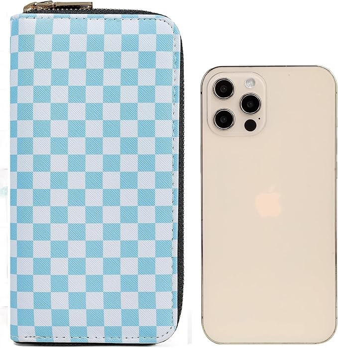 Checkered Wallets for Women Cute Large Capacity Blue Female Plaid Purse 2 Zippers Credit Card Holder