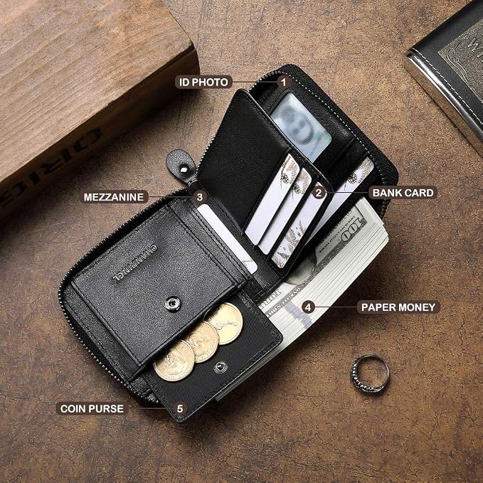 Mens Genuine Leather Zipper Wallet RFID Secure Large Capacity Double Fold Multi-card Leather Wallets for Men and coin purse