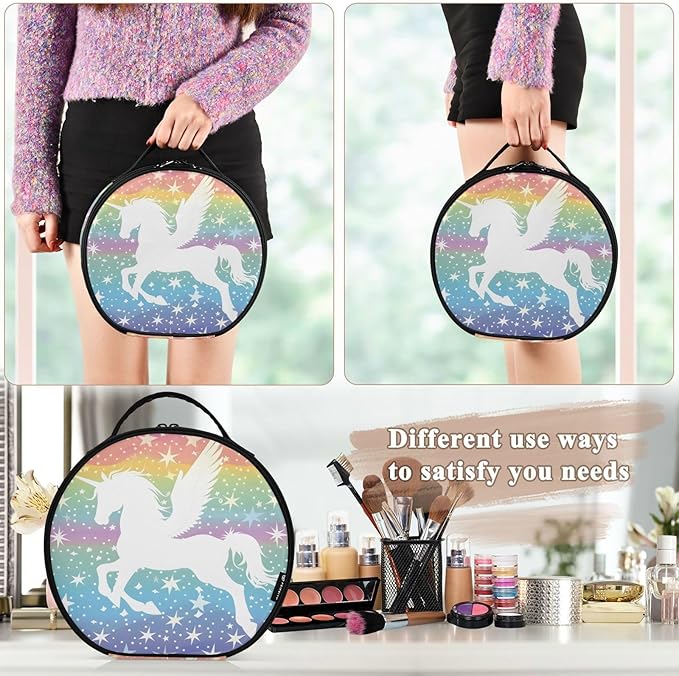 senya Round Cosmetic Pouch Travel Makeup Train Case Winged Unicorn Stars Makeup Organizer Bag with Adjustable Dividers Portable for Cosmetics Makeup Brushes Toiletry Jewelry Accessories