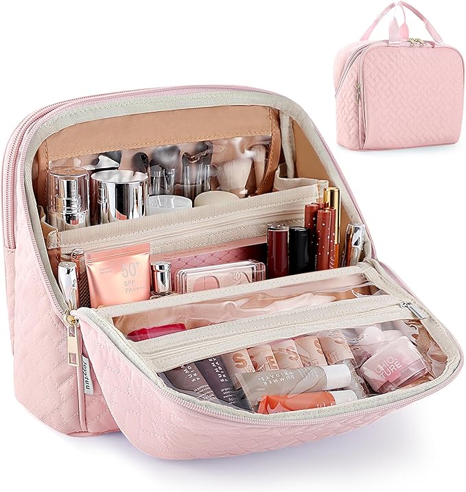 Standing Makeup Bag, Large Capacity with Room for Brushes and Mirror, Travel Makeup Organizer, Portable Stand Up Make Up Case, Waterproof Cosmetic Toiletry Bags with Handle, Color Light Pink
