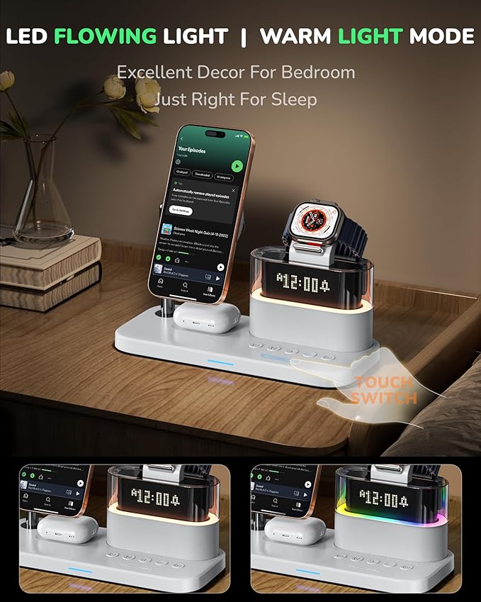 5 in 1 Wireless Charging Station for Apple,Magnetic Charger with Alarm Clock Night Light for Multiple Devices,Nightstand Charging Station Compatible with iPhone 17/16/15/14/13/12,Apple Watch,Air-Pods