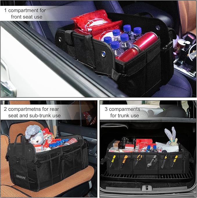 HAOKAY Collapsible Trunk Organizer with Insulated Leakproof Cooler Bag,Removable Lid,Adjustable Securing Straps,3 Compartments 5 in 1 Trunk Organizer for SUV,Truck,Sedan Jeep （95L