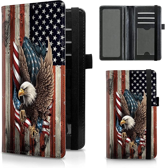 FUYOCWE Leather Checkbook Cover for Men Women Check book Holder Cover Wallets for Personal Checkbook Checks with RFID Blocking & Elastic Strap-Bald Eagle with Flag