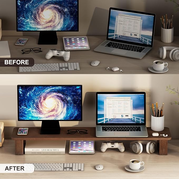 Ufine Dual Monitor Stand Riser 2 Heights Adjustable Wood Computer Monitor Stand Desktop Organizer, Large Monitor Stand for 2 Monitors, Laptop, TV, Printer