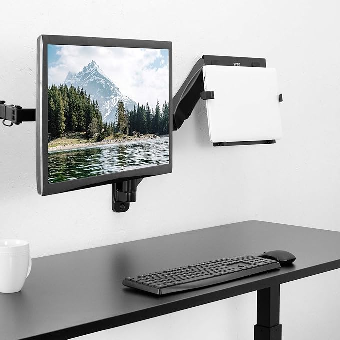 VIVO Height Adjustable Pneumatic Extended Arm Laptop Wall Mount, Full Motion Articulating Notebook Tray, Fits 10 to 15.6 inch Screen, Black, MOUNT-V001GL
