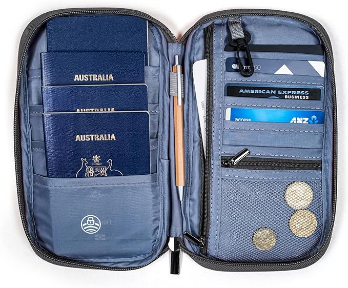 Zoom Lite Premium Travel Document Organizer, Travel Wallet Passport Holder Family 4 with RFID Protection and Removable Wristlet - Fits Cards, Money for Women and Men Passports Bag– Black