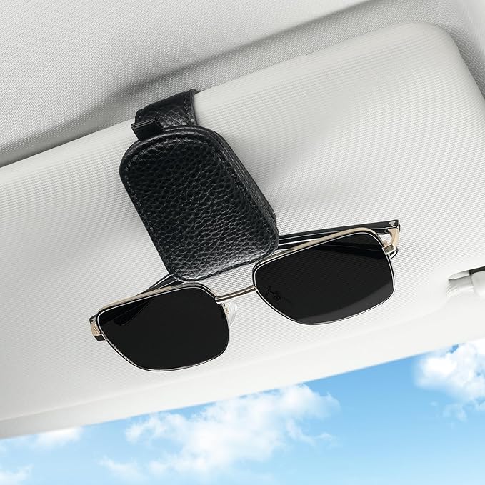 SINGARO Sunglasses Holder for Car, Leather Magnetic Buckle Sun Visor Sunglass Clip, Ticket Card Storage Glasses Clip, Car Interior Accessories for Men and Women（Black）