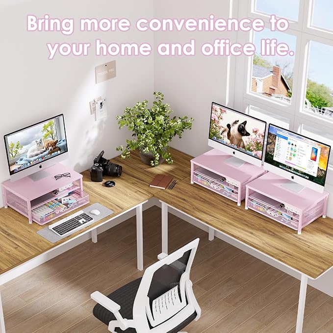 OPNICE Computer Monitor Stand Riser, Desk Organizer with Drawer, Printer & Laptop Stand, Office Desk Accessories & Workspace Desktop Organizers Storage for Office Supplies(Pink)
