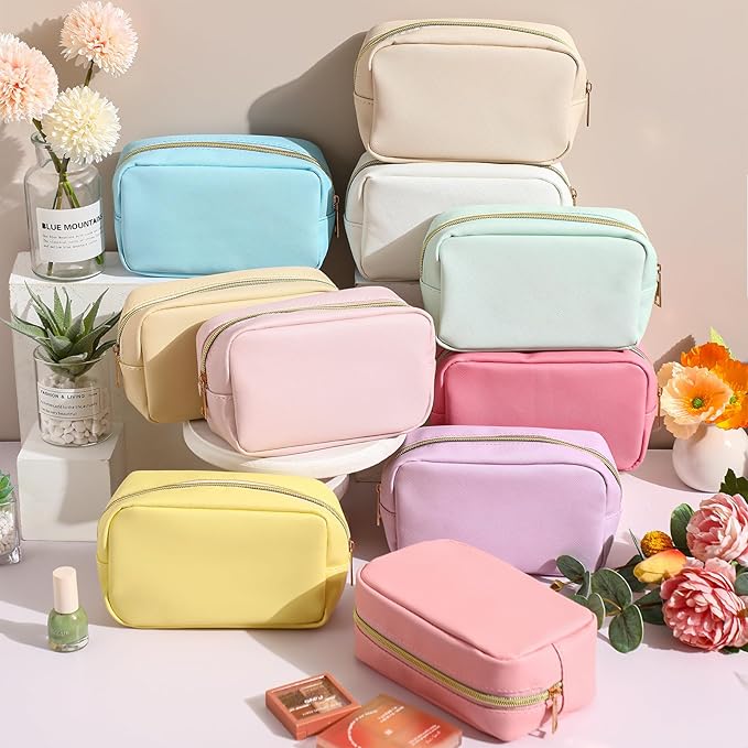 Sweetude 10 Pcs Makeup Bag Bulk for Women Preppy Gift PU Leather Cosmetic Bag Small Skincare Toiletry Pouch Mother Travel Cosmetic Pouch for Bridesmaid Bride Wedding Gift Favors (Classic Color)