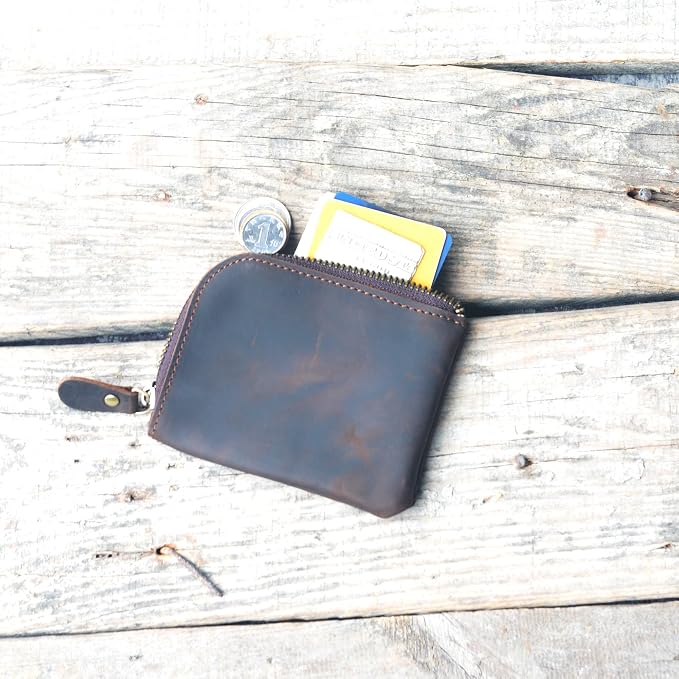 JJNUSA Genuine Leather Zipper Coin Purse Wallet With Key Car Smart Holder, Change Purse, Coin Pouch Holder For Men (Darkbrown)