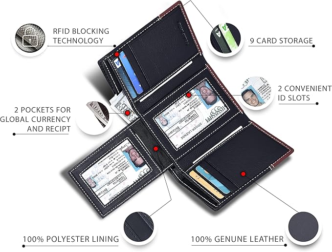 Real Leather Mens Trifold Wallet RFID Blocking Slim Minimalist Front Pocket - Thin & Stylish with ID Window in Gift Box