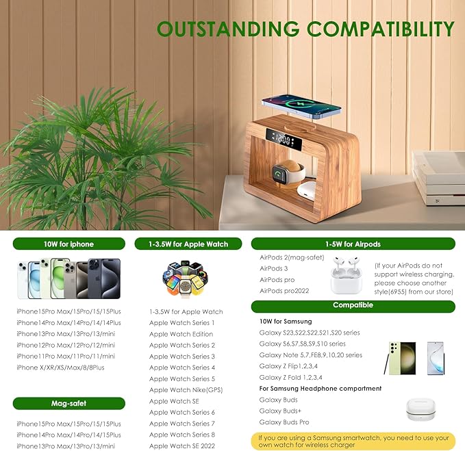 Bamboo Wireless Charging Station for Multiple Devices, with Night Light and Alarm Clock, 3 in 1 Charging Station for Apple Devices, Multi Charger Station for iPhone/iWatch/AirPods Pro