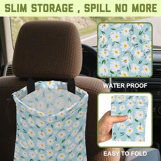 Car Trash Bag Blue Daisy Floral Leak-Proof Waterproof Car Garbage Bag with Drawstring Foldable Canvas Trash Bin with Adjustable Buckle for Car Accessories