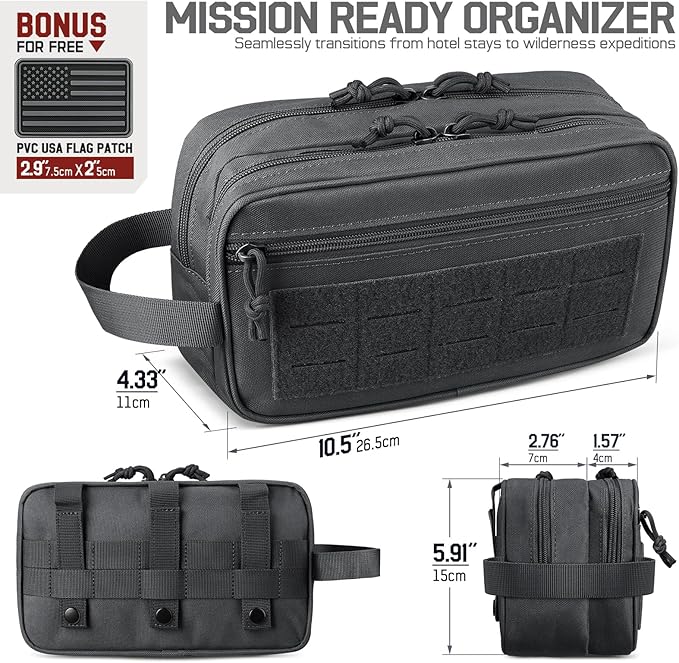 RXW EDC Toiletry Bag for Men, Tactical Dopp Kit, Molle Pouches Compact Travel Organizer for Shaving Shower, Hygiene, Grooming (Includes Dry/Wet Compartment & US Flag Patch)