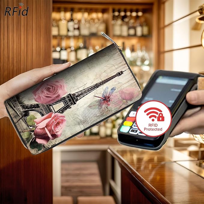 Bxgolkgd Womens Wallet, RFID Blocking Leather Wallet,Large Capacity Wallet Credit Card Holder PU Leather Ladies Clutch with Zipper Coin Pocket - Vintage Paris Tower Rose