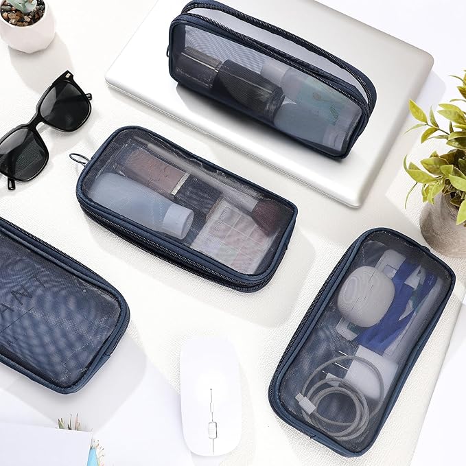Weewooday 4 Pcs Mesh Makeup Bag Mesh Cosmetic Bag Toiletry Pouch with Zipper Mini Makeup Cosmetic Purse for Daily Accessory (Medium,Navy Blue)