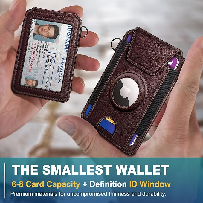 miyozi Ultra Slim AirTag Card Holder for Men - RFID Blocking Minimalist Wallet with Magnetic Flap, 0.25" Thin No Bulge Pocket Wallet, Holds 6-8 Cards with ID Window, Gift Boxed