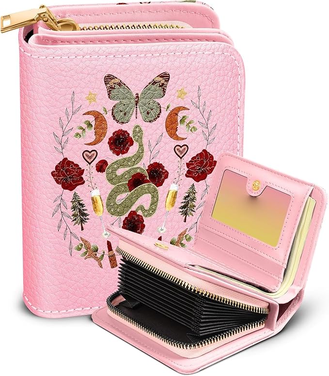 Bistup Credit Card Holder Wallet for Women Cute Leather Ladies Teen Girls Female Cardholder Wallets Accordion Purse Small Medium Aesthetic Merch Print Butterfly Moon Unique Modern Rfid Zipper Around