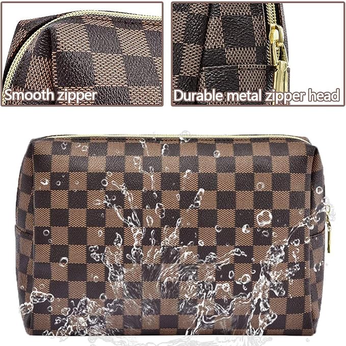 BAGCRAZY Checkered Makeup Bag Set, Elegant Travel Cosmetic Bag 2 Pack, Waterproof PU Leather Makeup Organizer with Zipper for Women