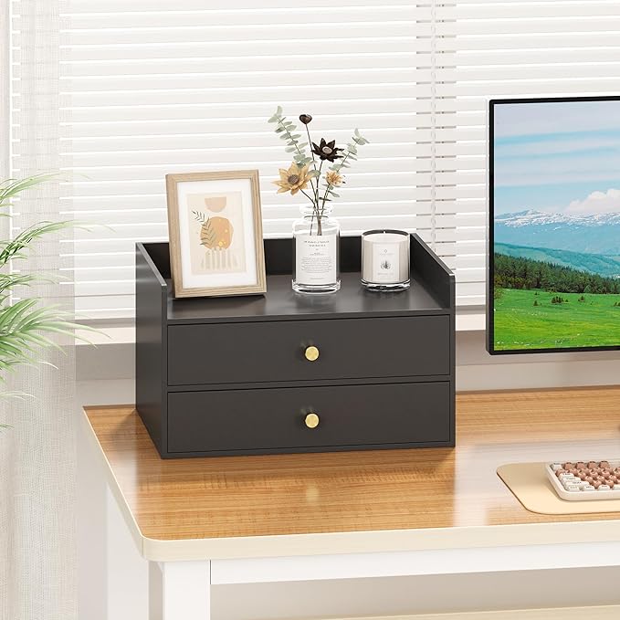 Bamboo Desk Organizer - Stackable, No Assembly Required, Ideal for Office/Home Use - Perfect for Toiletries, Stationery, Accessories. (Black, Two level drawer box with sides)