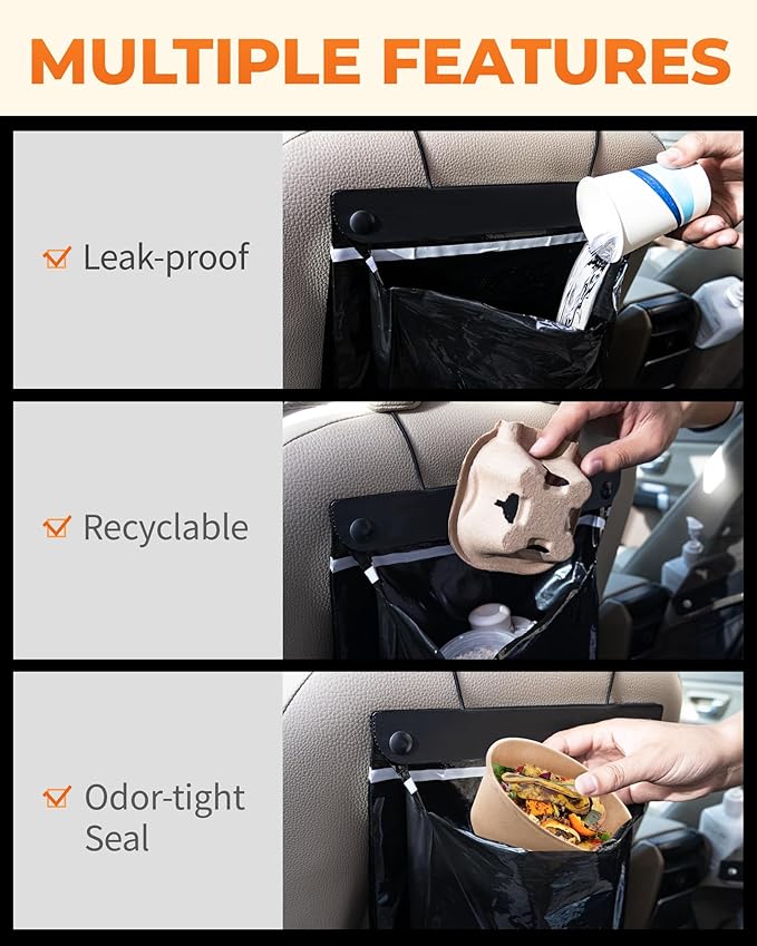 Disposable Car Trash Bags Hanging (Set of 15, Black) - Large 15 x 12Inches, Recycled Car Garbage Bags with Leak-proof & Smell-proof, Multipurpose Automobile Trash Container Perfect Car Fit
