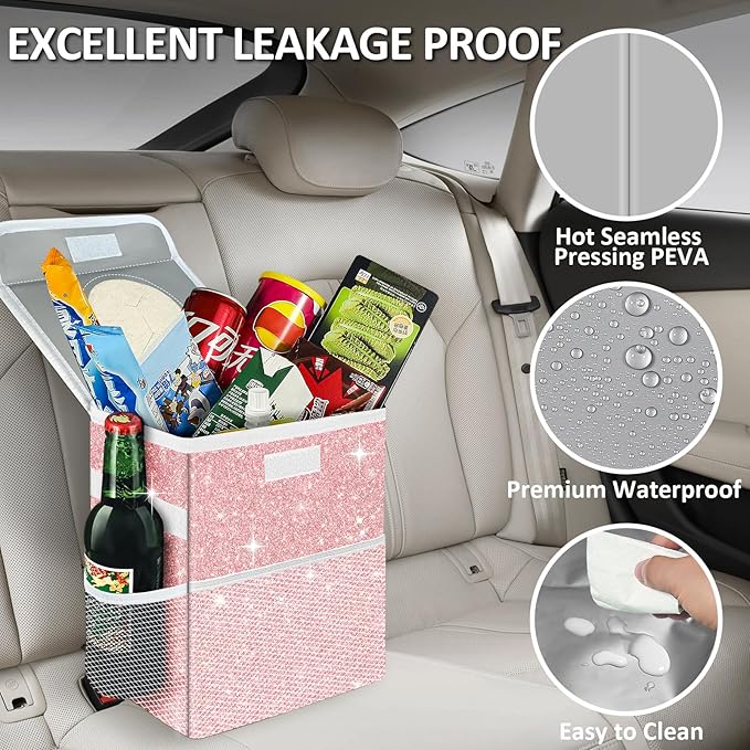 Cute Mini Car Trash Bag with Lid, Glitter Garbage Can Bin Hanging for Back/Front Seat/Console, Waterproof, Leakproof, 2.5 Gallon, Pink Bling Sparkly