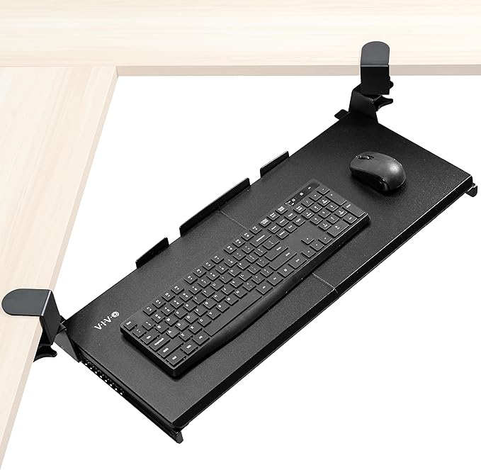 VIVO Large Pull Out Keyboard Tray for Corner Desk, 27 (33 Including Clamps) x 11 inch Slide-Out Platform Computer Drawer, 90-Degree Swivel C-Clamps for L-Shaped Workstation, Black, MOUNT-KB10C