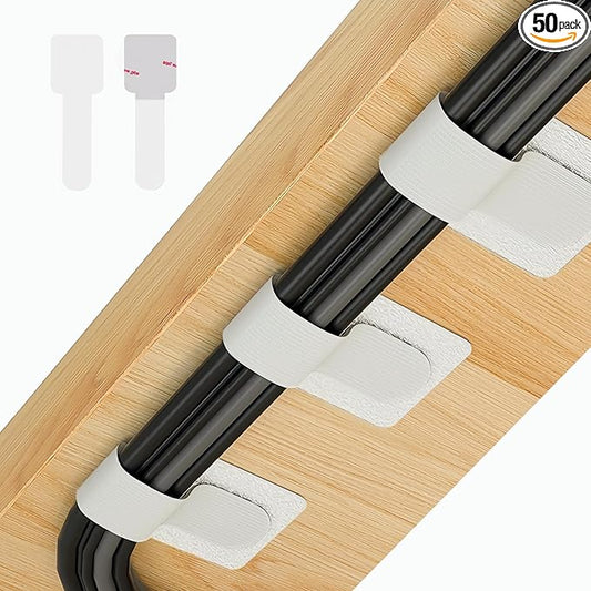 50 PCS Hook and Loop Cable Ties, Under Desk Cable Management, Self Adhesive Cable Clips Straps, Sticky-Back Cord Organizer, Wire Organizer for TV PC Laptop Ethernet Desktop, White