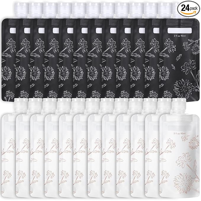 PACKISM 24 Pack Travel Pouches for Toiletries - 3 oz Leak Proof TSA Approved Liquid Containers, Squeeze Bags for Shampoo Lotion, Space Saving Refillable Carriers, Black Beige Chamomile