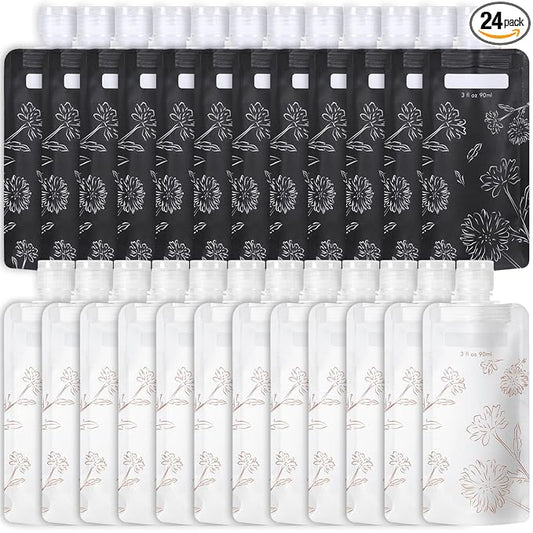 PACKISM 24 Pack Travel Pouches for Toiletries - 3 oz Leak Proof TSA Approved Liquid Containers, Squeeze Bags for Shampoo Lotion, Space Saving Refillable Carriers, Black Beige Chamomile