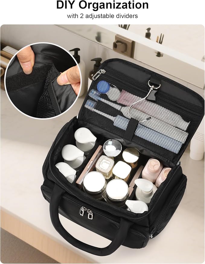 Travel Toiletry Bag for Women with Hanging Hook, Large Wide-open Travel Bag with 2 Removable Dividers, Puffy Makeup Bag Organizer with Compartments for Full Sized Container, Cosmetics, Toiletries