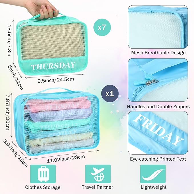 Days of Week Packing Cubes Weekly Organizer Travel Storage Bag School Clothes for Kids Summer Camp Family(9x7x3inch,Macaron,8)