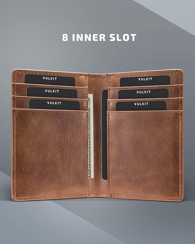 VULKIT Bifold Front Pocket Slim Wallet RFID Blocking Minimalist Thin Leather Credit Card Holder Wallet for Men and Women Brown
