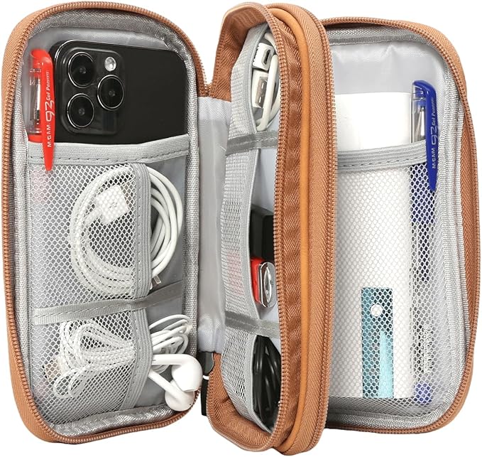 CAAORDKSO Universal Electronics Accessories Carrying Case, Electronic Cable Organizer Bag, Travel Cable Accessories Bag Pouch for Cable, USB, Cord, Charger, Phone, Power Bank, Earphone (Brown, Large)