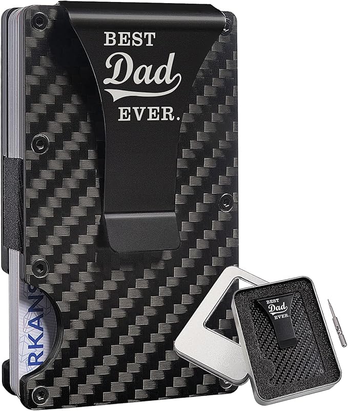 Carbon Fiber RFID Wallet for Dad Perfect Father's Day, Birthday, Best Gift Ideas Metal Wallet with Aluminum Money Clip, Personalized Slim Minimalist Engraved Card Holder Personalized Gifts for Papa