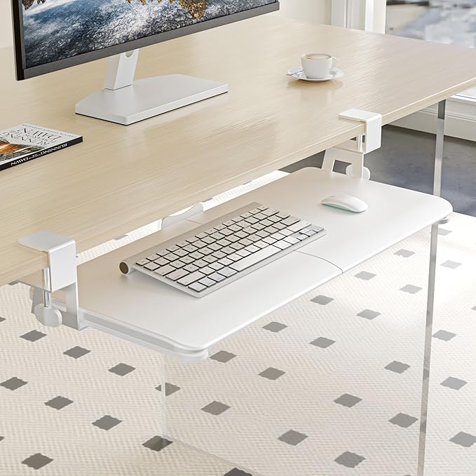 Keyboard Tray Under Desk, Pull Out Keyboard Tray with C Clamp Mount, 25.6" (29.7" Including Clamps) x 11.8" Slide-Out Platform Computer Drawer for Typing, Keyboard & Mouse Tray, White
