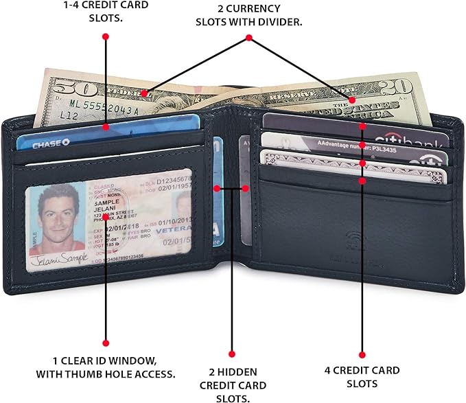 Real Leather Mens Bifold Wallet RFID Blocking Slim Minimalist Front Pocket - Thin & Stylish with ID Window in Gift Box (Nappa, Midnight Navy)