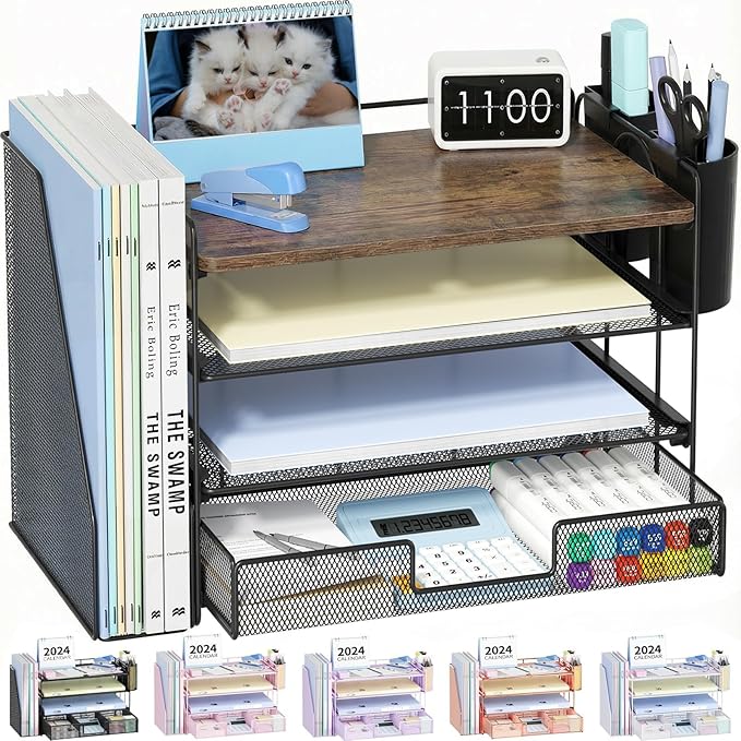 OPNICE Wood Desk Organizers and Accessories, 4-Tier Desktop File Organizer with Drawer and 2 Pen Holders, Office Desk Accessories Workspace Organizers for Office Supplies(Wood)