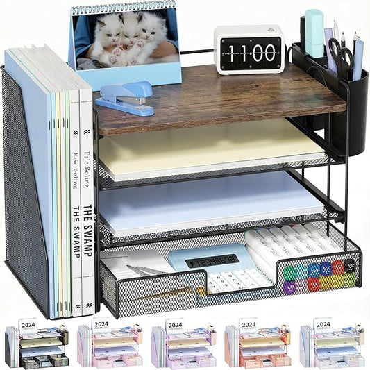 OPNICE Wood Desk Organizers and Accessories, 4-Tier Desktop File Organizer with Drawer and 2 Pen Holders, Office Desk Accessories Workspace Organizers for Office Supplies(Wood)