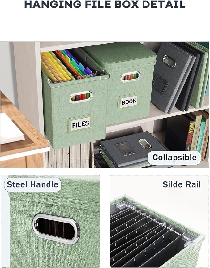 Oterri File Organizer Box with Lid, Hanging Filing File Box with Mesh Pocket, Document Organizer Box for Letter Files, Portable Storage Box(1 PCS, Green)