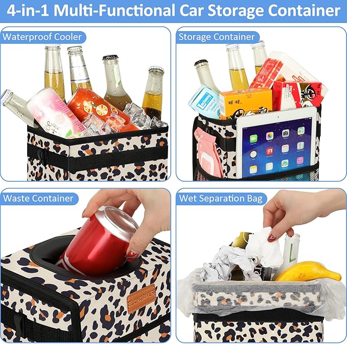 ELONGRIVER Car Trash Can Bin for Back Seat Leak Proof, Cute Car Trash Bag Hanging, Vehicle Trash Can for SUV Truck Van, Automotive Garbage Cans Front Seat Leopard Print, 2 Gallons
