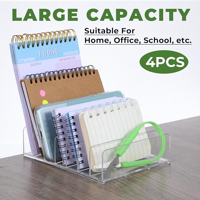 4 Pcs Acrylic Mail Holder, Acrylic File Mail Desktop Organizer Sorters, 7 Compartments Acrylic Mail Organizer, Clear Desk Organizer File Holders, Acrylic Letter Organizer for Office, Home, School